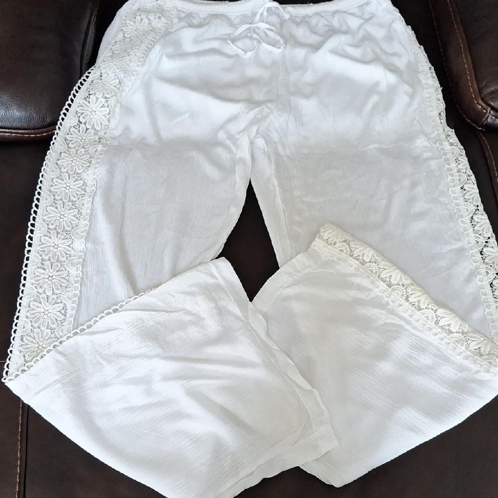 Dots White Lace Trim Swim Coverup Pants
